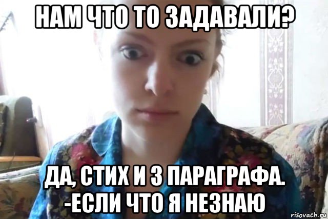 нам что то задавали? да, стих и 3 параграфа. -если что я незнаю, Мем    Скайп файлообменник