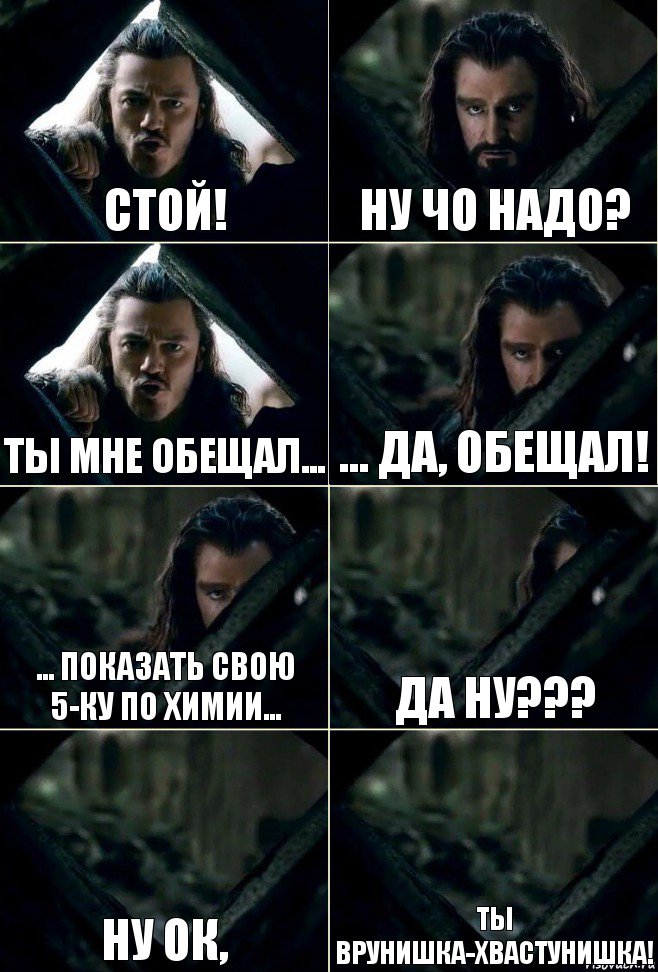 Стой! Ну Чо надо? Ты мне обещал... ... Да, обещал! ... Показать свою 5-ку по химии... Да ну??? Ну ОК, ТЫ вРуНиШкА-ХВАСТУНИШКА!, Комикс  Стой но ты же обещал