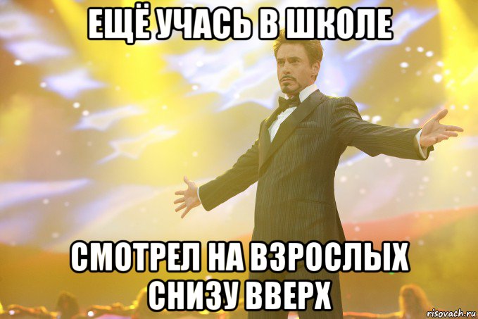 ещё учась в школе смотрел на взрослых снизу вверх, Мем Тони Старк (Роберт Дауни младший)