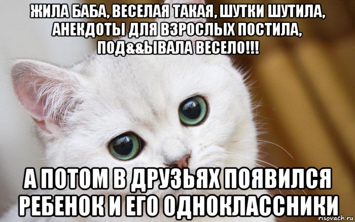 жила баба, веселая такая, шутки шутила, анекдоты для взрослых постила, под&&ывала весело!!! а потом в друзьях появился ребенок и его одноклассники, Мем  В мире грустит один котик