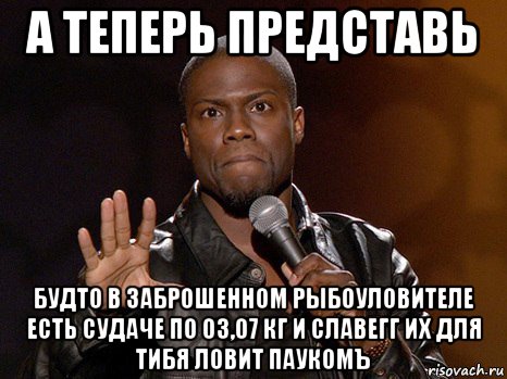 а теперь представь будто в заброшенном рыбоуловителе есть судаче по 03,07 кг и славегг их для тибя ловит паукомъ, Мем  А теперь представь