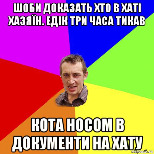 шоби доказать хто в хаті хазяїн. едік три часа тикав кота носом в документи на хату, Мем Чоткий паца