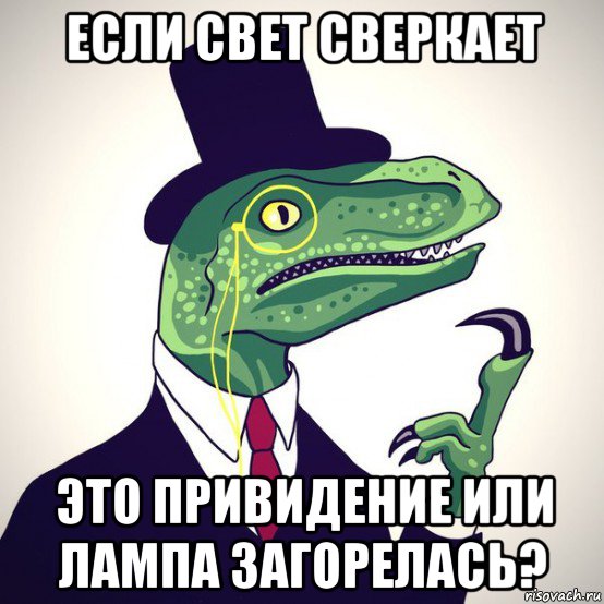 если свет сверкает это привидение или лампа загорелась?, Мем  Филосораптор-вектор