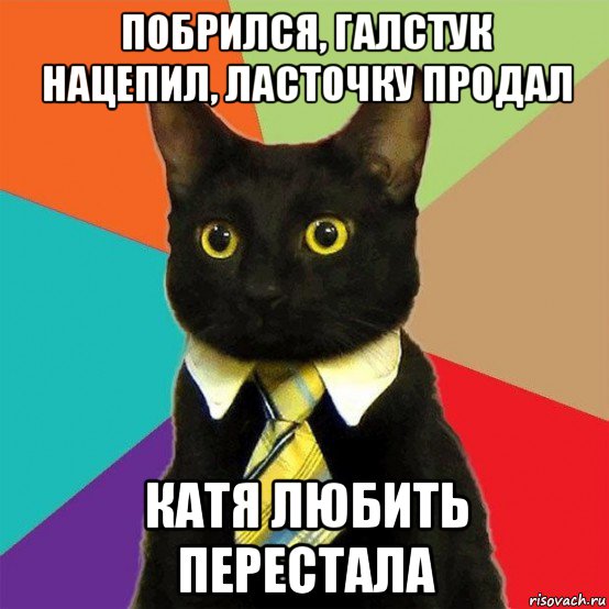 побрился, галстук нацепил, ласточку продал катя любить перестала, Мем  Кошечка