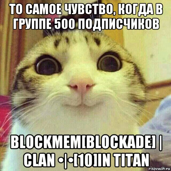 то самое чувство, когда в группе 500 подписчиков blockмем[blockade] | clan •|•[10]in titan, Мем       Котяка-улыбака