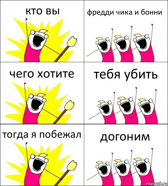 кто вы фредди чика и бонни чего хотите тебя убить тогда я побежал догоним, Комикс кто мы