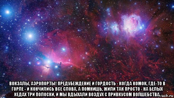  вокзалы, аэропорты! предубеждение и гордость - когда комок, где-то в горле - и кончились все слова. а помнишь, жили так просто - на белых кедах три полоски, и мы вдыхали воздух с привкусом волшебства.