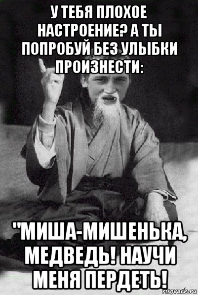 у тебя плохое настроение? а ты попробуй без улыбки произнести: "миша-мишенька, медведь! научи меня пердеть!, Мем Мудрий паца