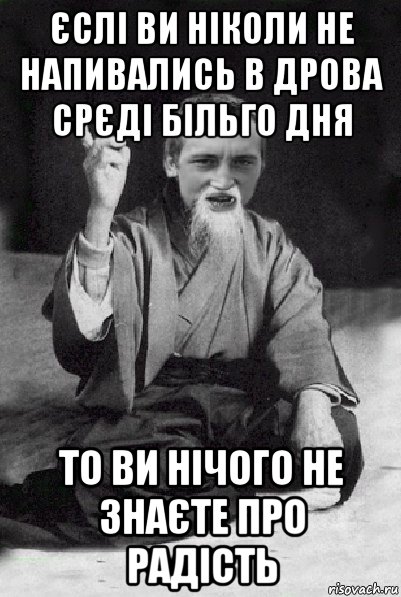 єслі ви ніколи не напивались в дрова срєді більго дня то ви нічого не знаєте про радість, Мем Мудрий паца