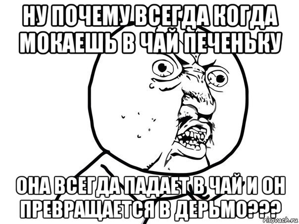 ну почему всегда когда мокаешь в чай печеньку она всегда падает в чай и он превращается в дерьмо???, Мем Ну почему (белый фон)