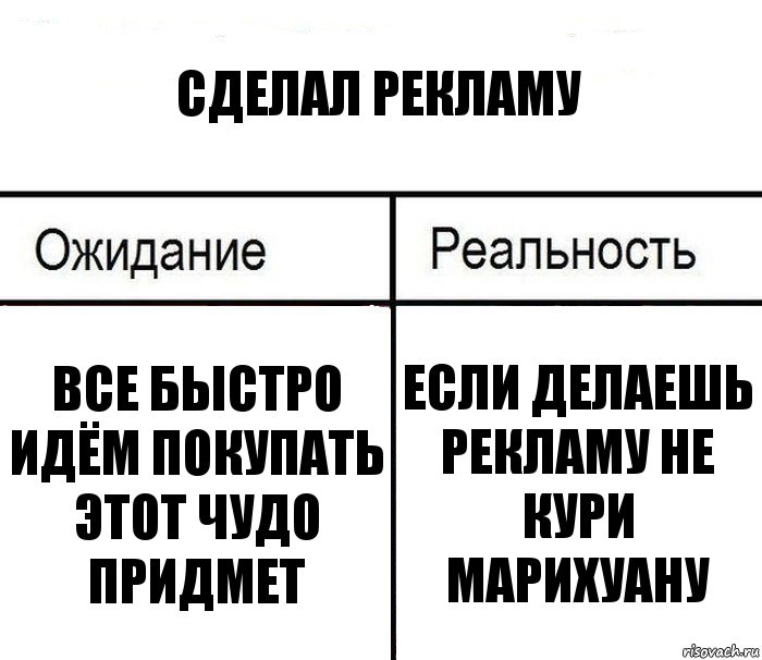 Сделал рекламу Все быстро идём покупать этот чудо придмет Если делаешь рекламу не кури марихуану, Комикс  Ожидание - реальность