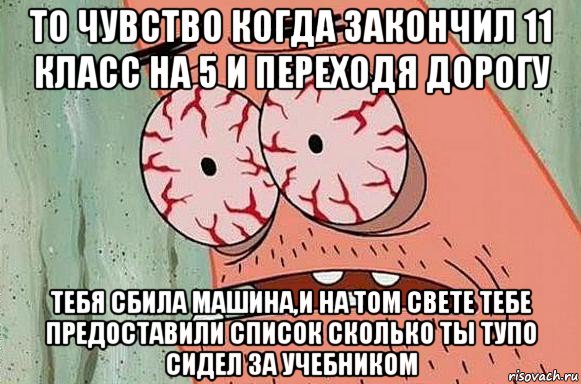 то чувство когда закончил 11 класс на 5 и переходя дорогу тебя сбила машина,и на том свете тебе предоставили список сколько ты тупо сидел за учебником, Мем  Патрик в ужасе