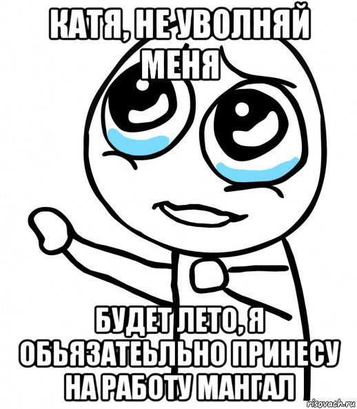 катя, не уволняй меня будет лето, я обьязатеьльно принесу на работу мангал, Мем  please  с вытянутой рукой