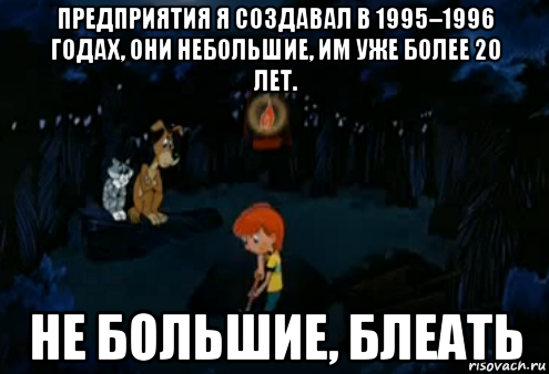 предприятия я создавал в 1995–1996 годах, они небольшие, им уже более 20 лет. не большие, блеать, Мем Простоквашино закапывает