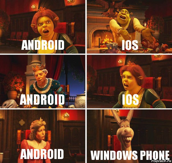 android iOS android iOS android Windows Phone, Комикс  Шрек Фиона Гарольд Осел