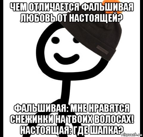 чем отличается фальшивая любовь от настоящей? фальшивая: мне нравятся снежинки на твоих волосах! настоящая: где шапка?, Мем Теребонька в шапке