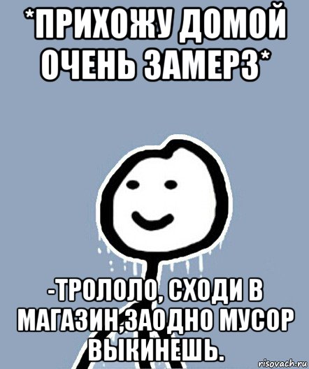 *прихожу домой очень замерз* -трололо, сходи в магазин,заодно мусор выкинешь., Мем  Теребонька замерз