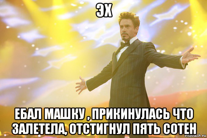 эх ебал машку , прикинулась что залетела, отстигнул пять сотен, Мем Тони Старк (Роберт Дауни младший)