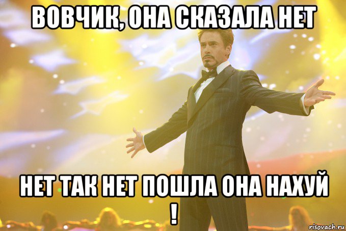 вовчик, она сказала нет нет так нет пошла она нахуй !, Мем Тони Старк (Роберт Дауни младший)