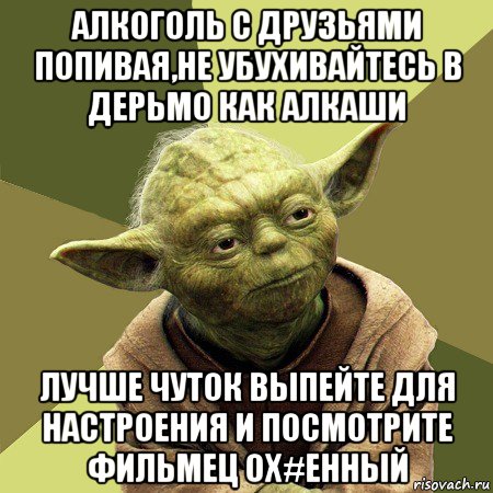 алкоголь с друзьями попивая,не убухивайтесь в дерьмо как алкаши лучше чуток выпейте для настроения и посмотрите фильмец ох#енный, Мем Йода