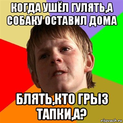 когда ушёл гулять,а собаку оставил дома блять,кто грыз тапки,а?, Мем Злой школьник