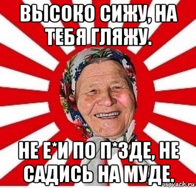 высоко сижу, на тебя гляжу. не е*и по п*зде, не садись на муде., Мем  бабуля