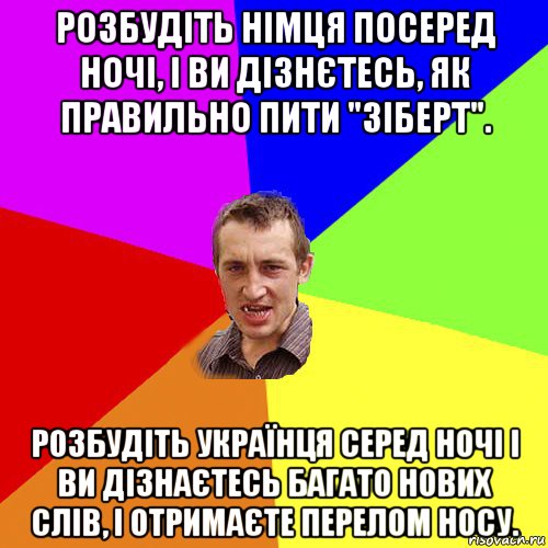 розбудіть німця посеред ночі, і ви дізнєтесь, як правильно пити "зіберт". розбудіть українця серед ночі і ви дізнаєтесь багато нових слів, і отримаєте перелом носу., Мем Чоткий паца