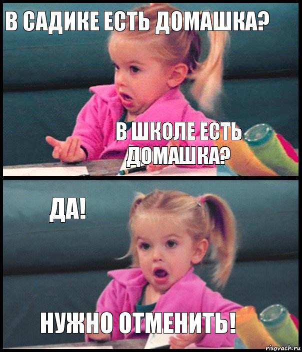 В садике есть домашка? В школе есть домашка? Да! Нужно отменить!, Комикс  Возмущающаяся девочка