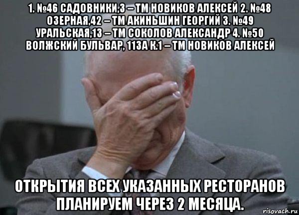 1. №46 садовники,3 – тм новиков алексей 2. №48 озерная,42 – тм акиньшин георгий 3. №49 уральская,13 – тм соколов александр 4. №50 волжский бульвар, 113а к.1 – тм новиков алексей открытия всех указанных ресторанов планируем через 2 месяца.