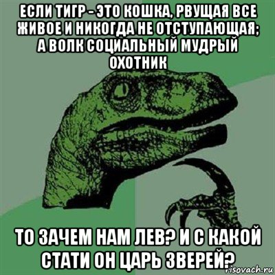 если тигр - это кошка, рвущая все живое и никогда не отступающая; а волк социальный мудрый охотник то зачем нам лев? и с какой стати он царь зверей?, Мем Филосораптор