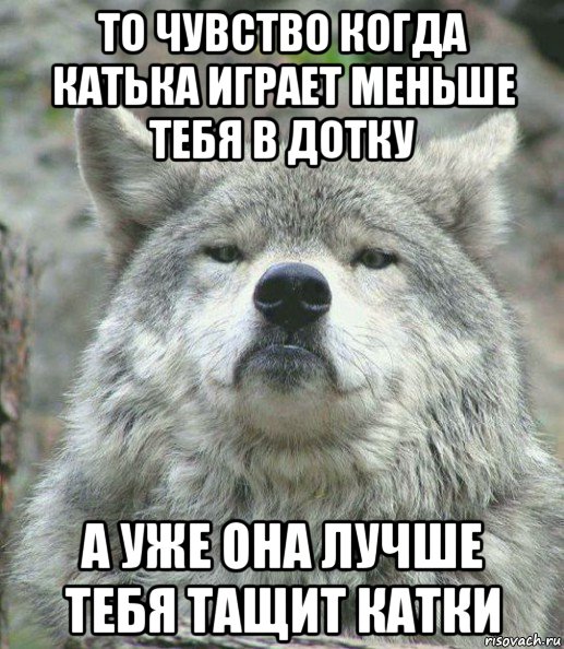 то чувство когда катька играет меньше тебя в дотку а уже она лучше тебя тащит катки, Мем    Гордый волк