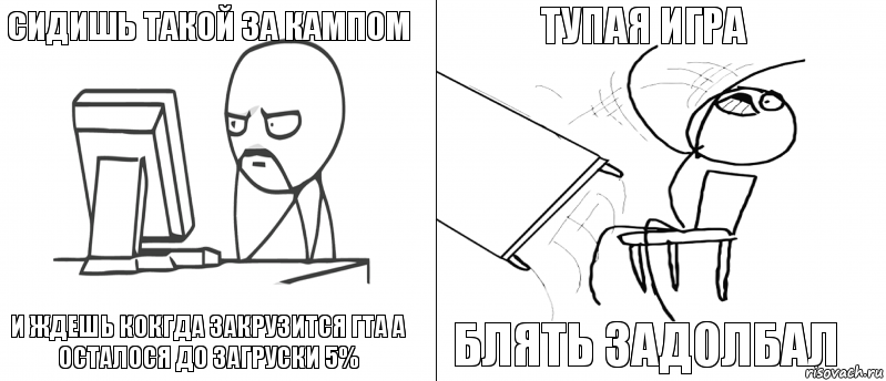 сидишь такой за кампом и ждешь кокгда закрузится гта а осталося до загруски 5% блять задолбал тупая игра