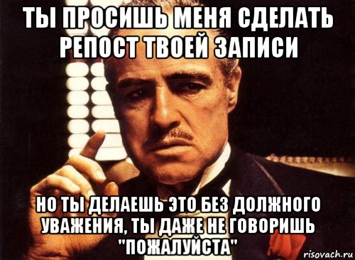 ты просишь меня сделать репост твоей записи но ты делаешь это без должного уважения, ты даже не говоришь "пожалуйста", Мем крестный отец