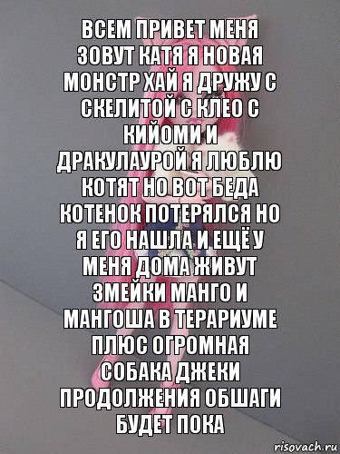 всем привет меня зовут катя я новая монстр хай я дружу с скелитой с клео с кийоми и дракулаурой я люблю котят но вот беда котенок потерялся но я его нашла и ещё у меня дома живут змейки манго и мангоша в терариуме плюс огромная собака джеки продолжения обшаги будет пока, Комикс монстер хай новая ученица