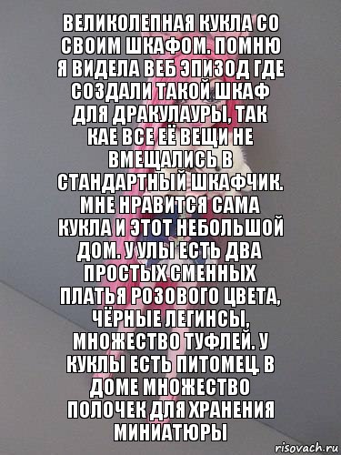 Великолепная кукла со своим шкафом. Помню я видела веб эпизод где создали такой шкаф для Дракулауры, так кае все её вещи не вмещались в стандартный шкафчик. Мне нравится сама кукла и этот небольшой дом. У Улы есть два простых сменных платья розового цвета, чёрные легинсы, множество туфлей. У куклы есть питомец. В доме множество полочек для хранения миниатюры, Комикс монстер хай новая ученица