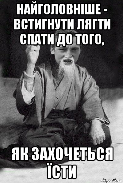 найголовніше - встигнути лягти спати до того, як захочеться їсти, Мем Мудрий паца