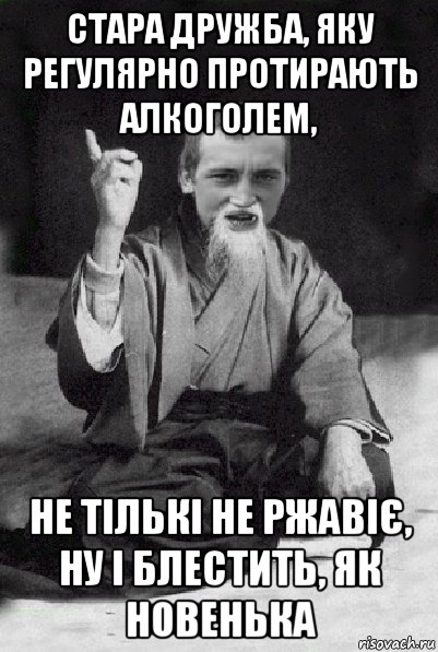 стара дружба, яку регулярно протирають алкоголем, не тількі не ржавіє, ну і блестить, як новенька, Мем Мудрий паца