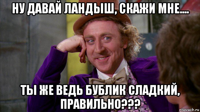 ну давай ландыш, скажи мне.... ты же ведь бублик сладкий, правильно???, Мем Ну давай расскажи (Вилли Вонка)