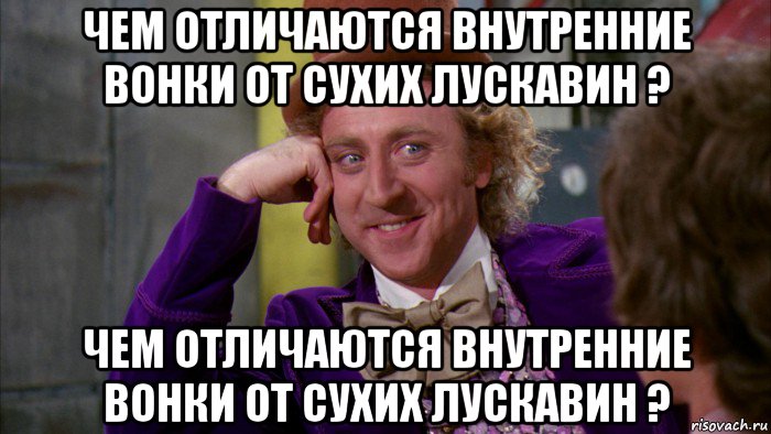 чем отличаются внутренние вонки от сухих лускавин ? чем отличаются внутренние вонки от сухих лускавин ?, Мем Ну давай расскажи (Вилли Вонка)