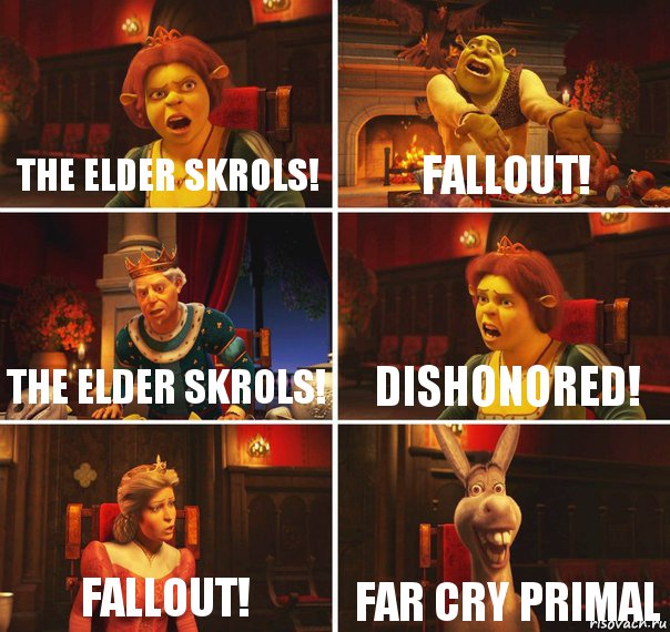 The Elder Skrols! Fallout! The Elder Skrols! Dishonored! Fallout! Far Cry PRIMAL, Комикс  Шрек Фиона Гарольд Осел