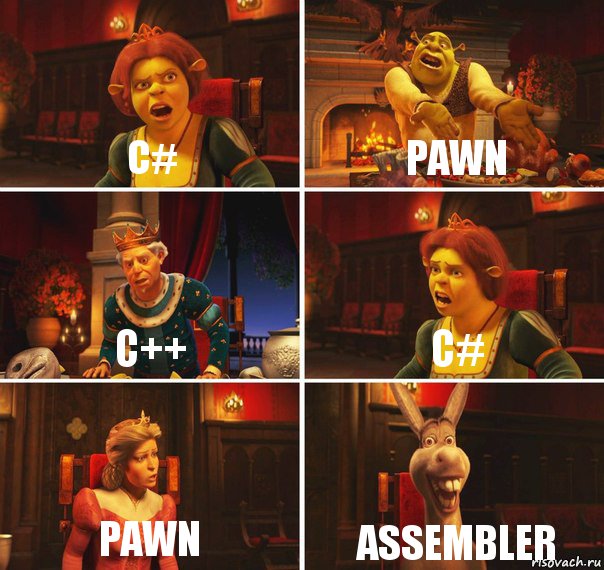 C# Pawn C++ C# Pawn ASSEMBLER, Комикс  Шрек Фиона Гарольд Осел