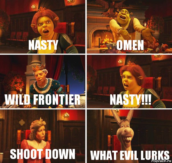 NASTY OMEN WILD FRONTIER NASTY!!! SHOOT DOWN WHAT EVIL LURKS, Комикс  Шрек Фиона Гарольд Осел