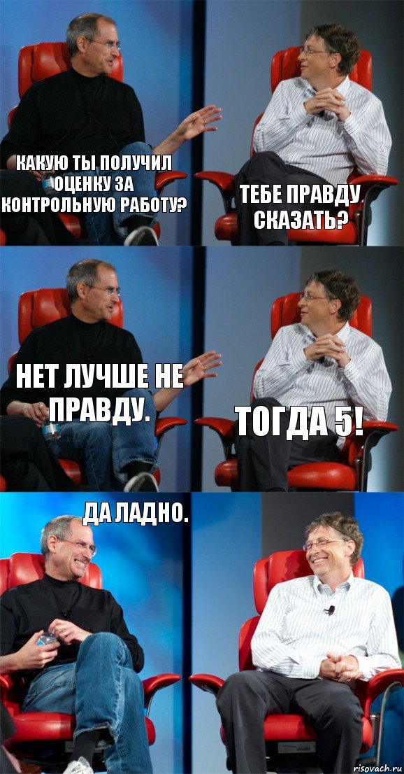 Какую ты получил оценку за контрольную работу? Тебе правду сказать? Нет лучше не правду. Тогда 5! Да ладно. , Комикс Стив Джобс и Билл Гейтс (6 зон)