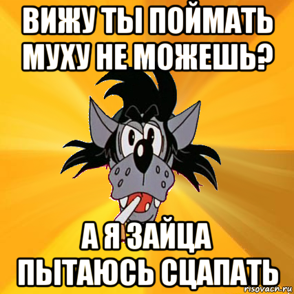 вижу ты поймать муху не можешь? а я зайца пытаюсь сцапать, Мем Волк