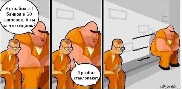 Я ограбил 20 банков и 30 заправок. А ты за что сидишь? Я разбил стеклопакет., Комикс За что сидишь 