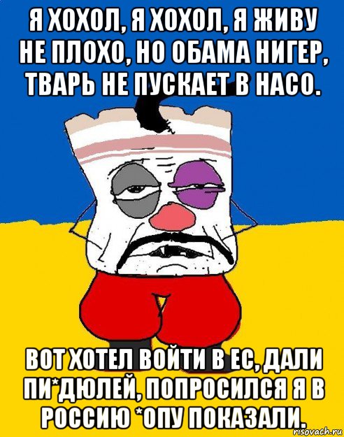 я хохол, я хохол, я живу не плохо, но обама нигер, тварь не пускает в насо. вот хотел войти в ес, дали пи*дюлей, попросился я в россию *опу показали., Мем Западенец - тухлое сало