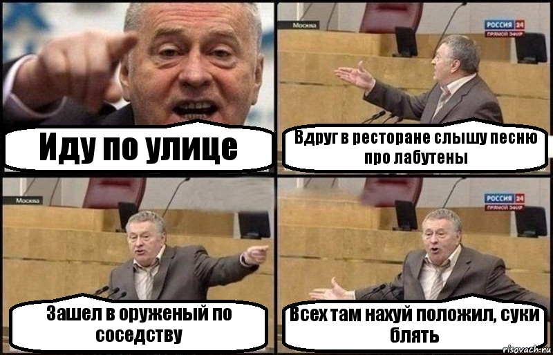 Иду по улице Вдруг в ресторане слышу песню про лабутены Зашел в оруженый по соседству Всех там нахуй положил, суки блять, Комикс Жириновский