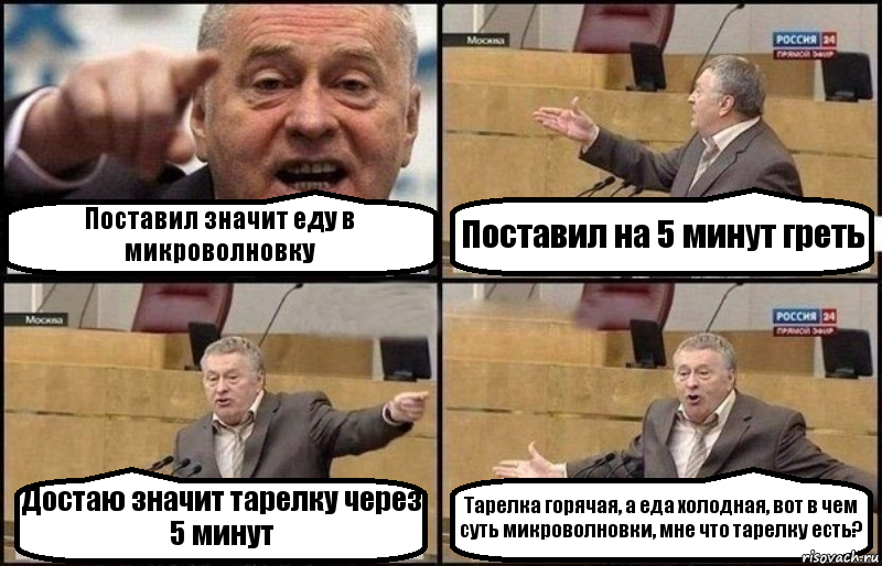 Поставил значит еду в микроволновку Поставил на 5 минут греть Достаю значит тарелку через 5 минут Тарелка горячая, а еда холодная, вот в чем суть микроволновки, мне что тарелку есть?, Комикс Жириновский