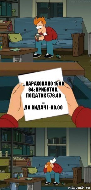 ...Нараховано 1500
84: Прибуток. податок 578.40
...
До видачі -80.00, Комикс  Фрай с запиской