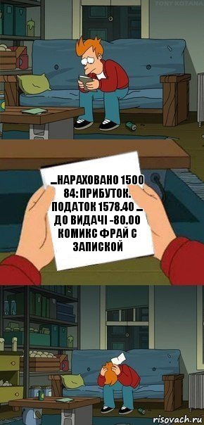 ...Нараховано 1500 84: Прибуток. податок 1578.40 ... До видачі -80.00 Комикс Фрай с запиской, Комикс  Фрай с запиской